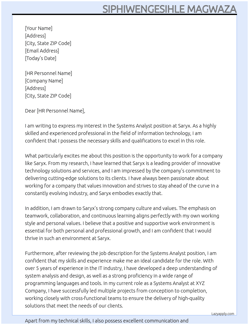systems analyst At Saryx Cover Letter