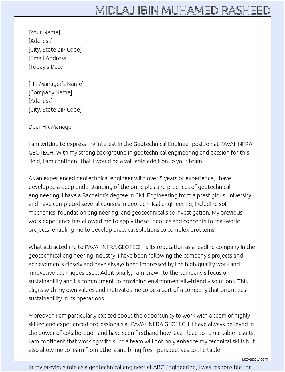 Geotechnical Engineer  At PAVAI INFRA GEOTECH Cover Letter
