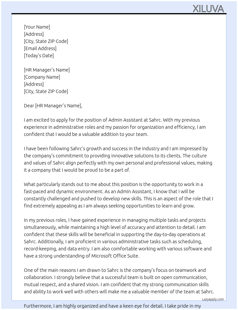 Admin assistant  At Sahrc Cover Letter