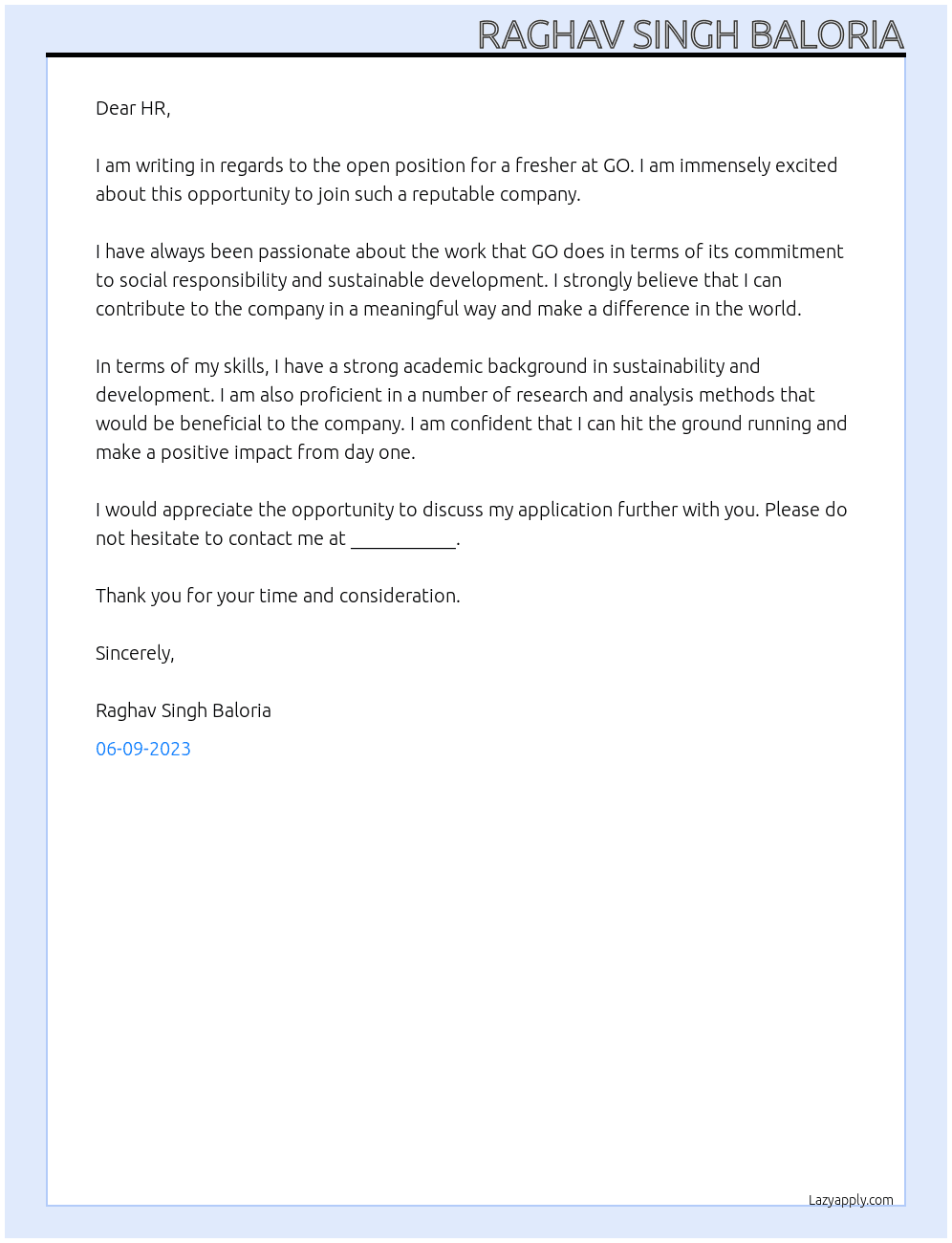 fresher At go Cover Letter