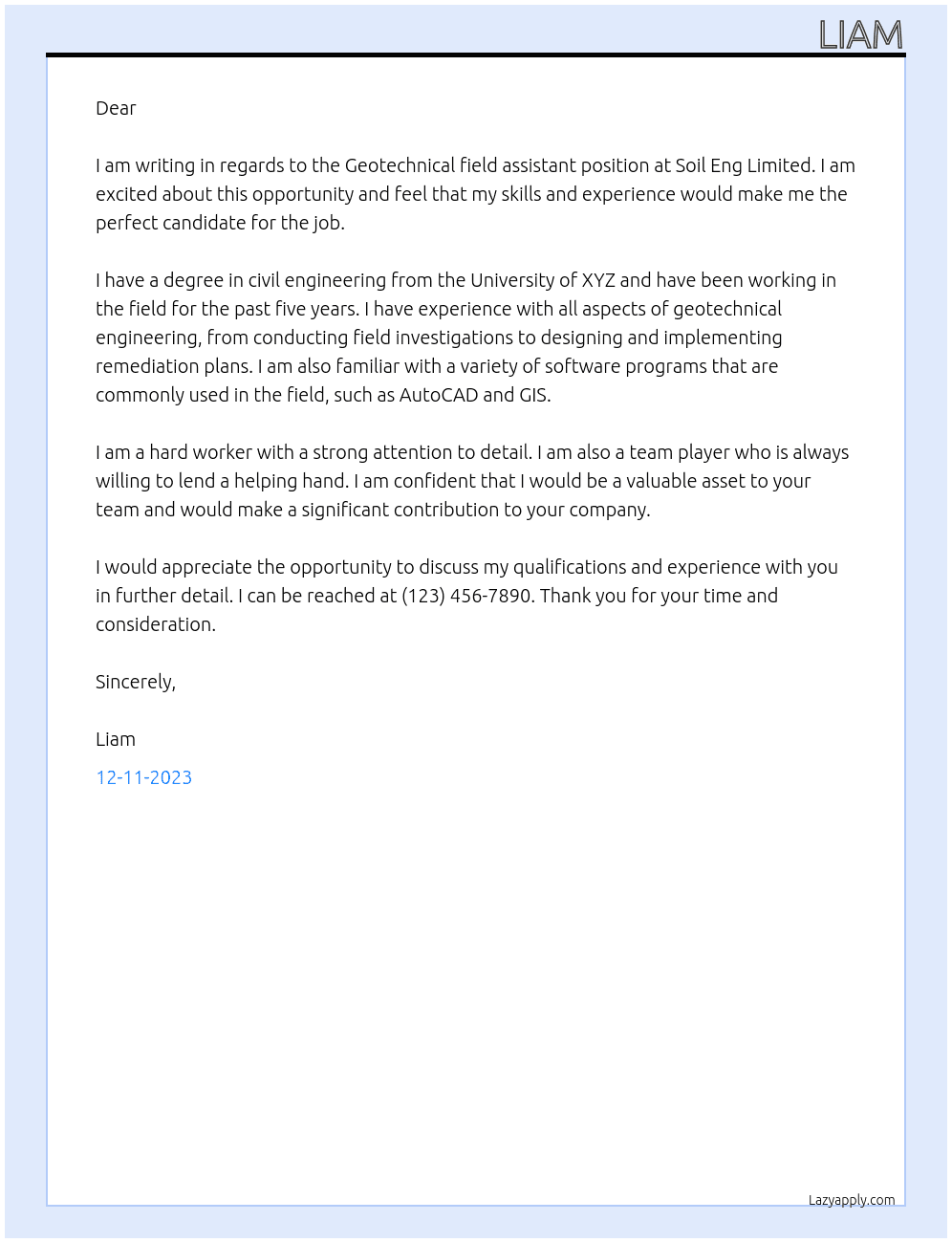 Geotechnical field Assistant At soil eng limited Cover Letter