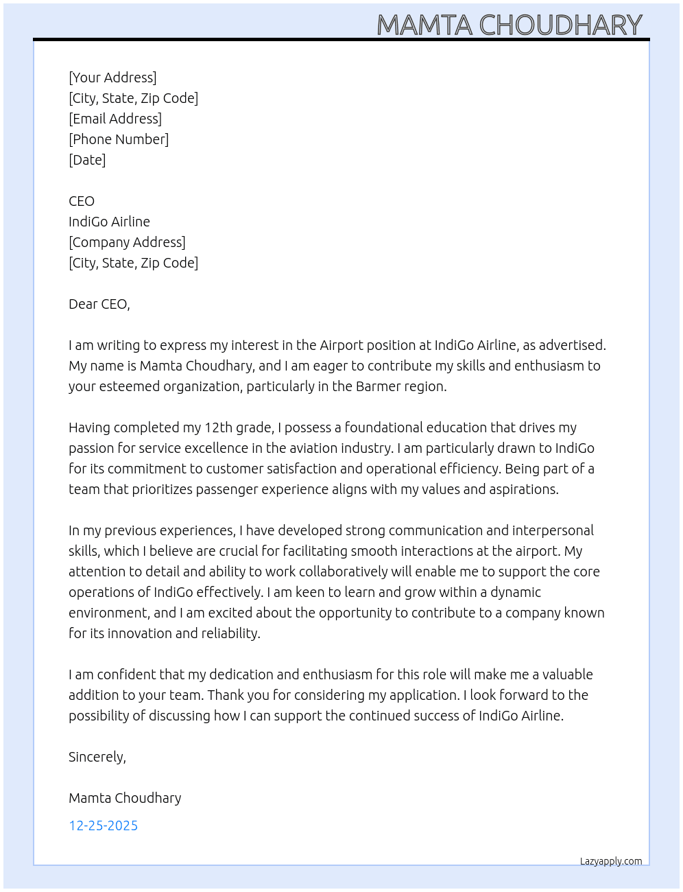 AIRPORT  At INDIGO AIRLINE Cover Letter