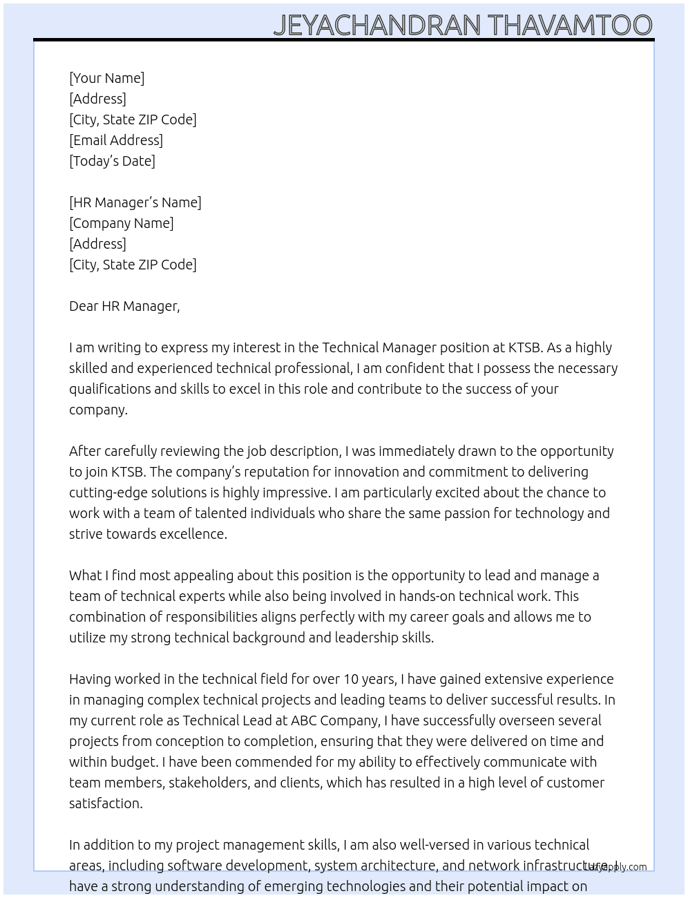 Technical Manager At KTSB Cover Letter