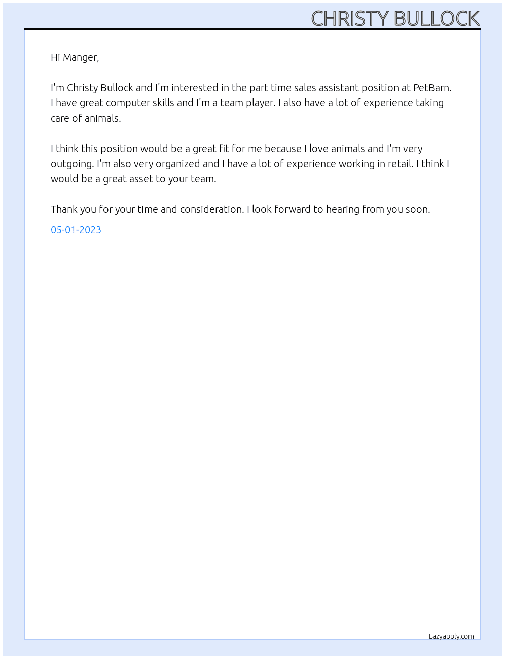 Part Time Sales Assistant At PetBarn Cover Letter