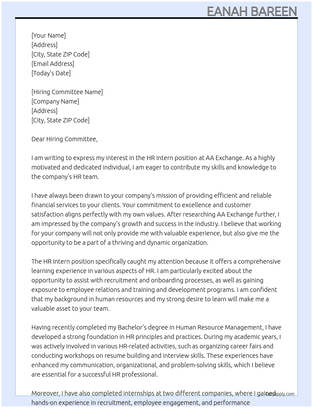 hr intern At AA Excahnge Cover Letter