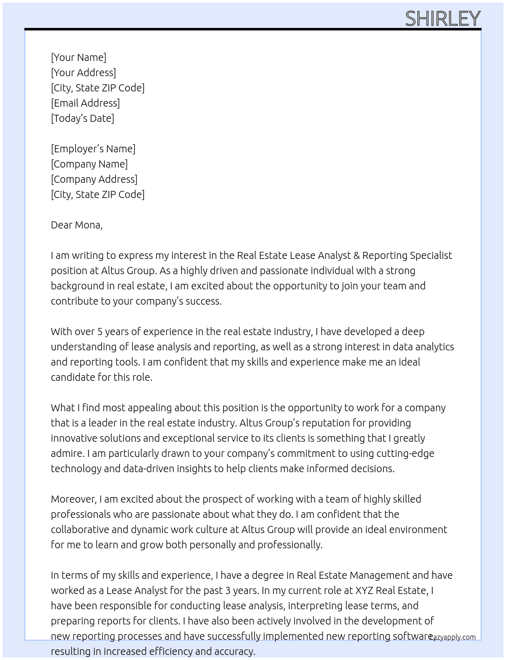 Real Estate Lease Analyst & Reporting Specialist At Altus Group Cover Letter