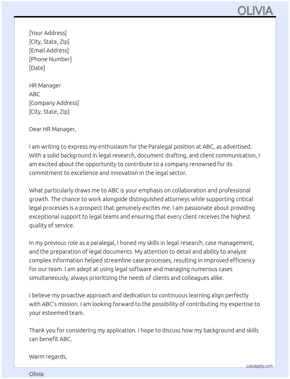Paralegal  At ABC Cover Letter