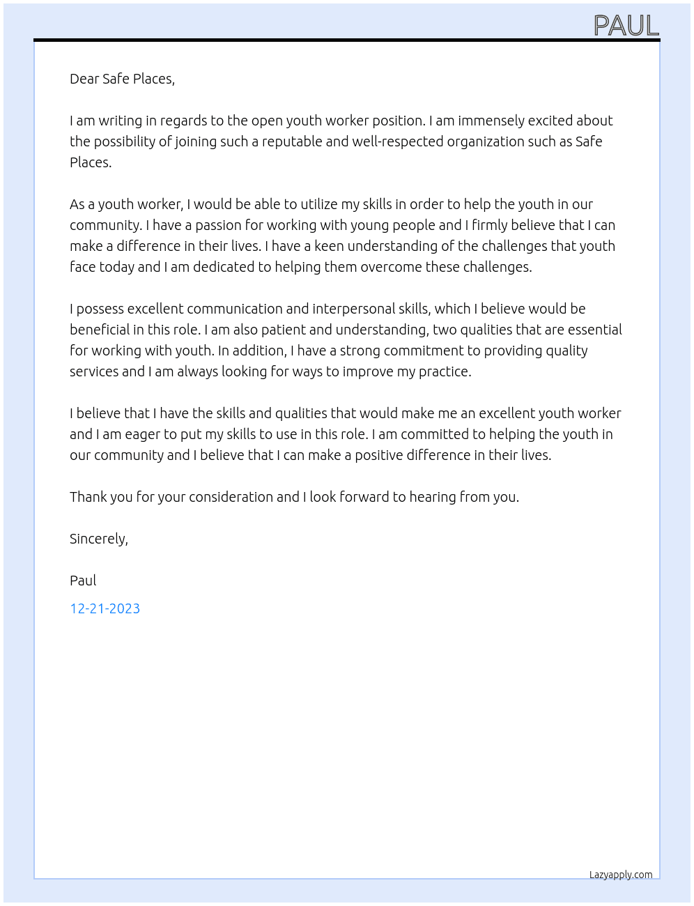 Youth Worker At Safe Places Cover Letter