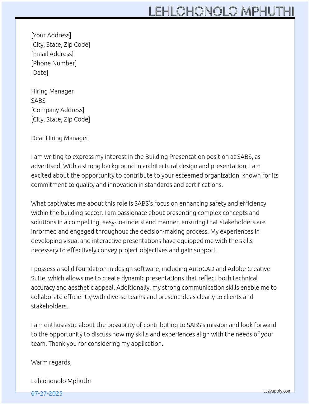 Building Presentation  At SABS Cover Letter