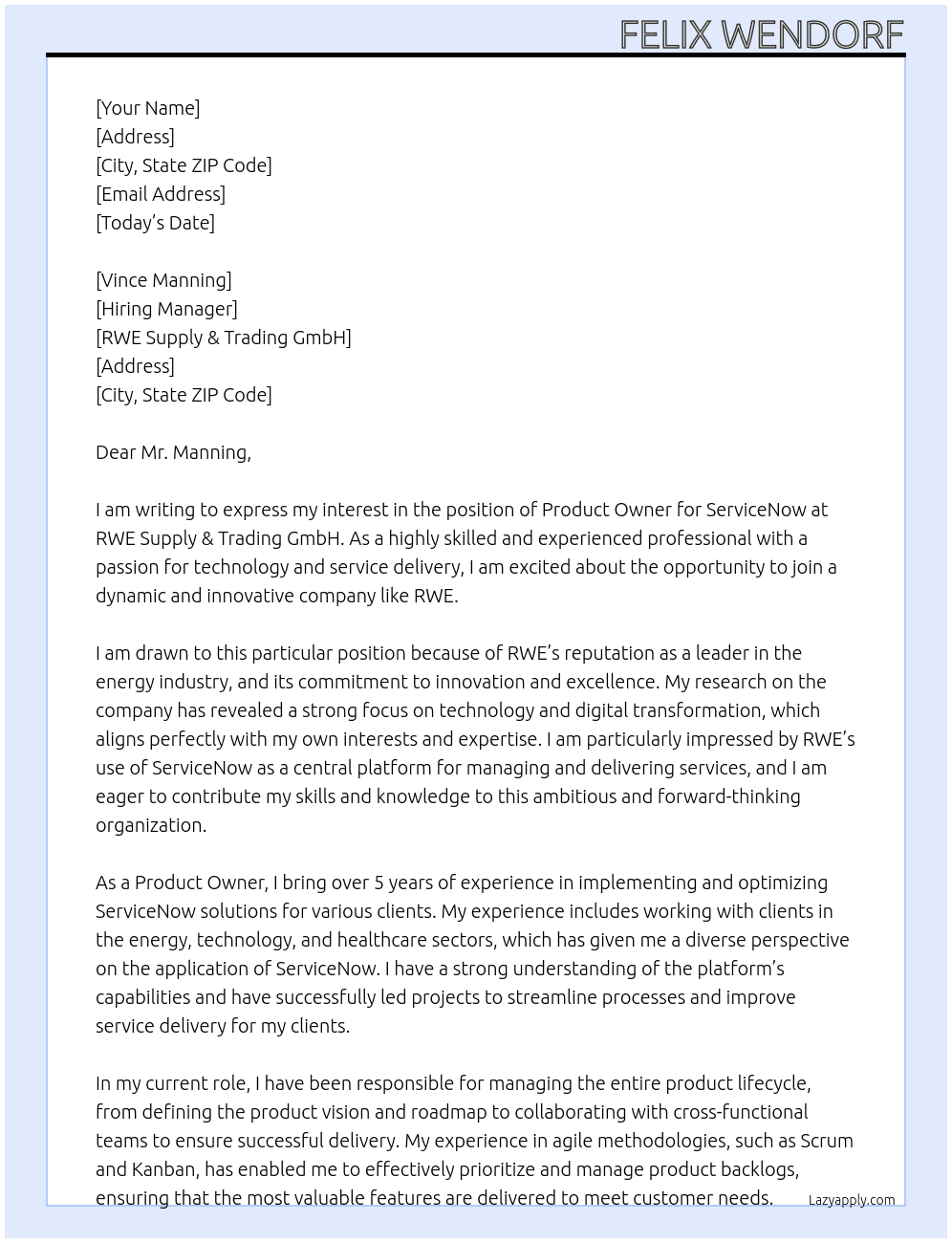 Product Owner - ServiceNow At RWE Supply & Trading GmbH Cover Letter