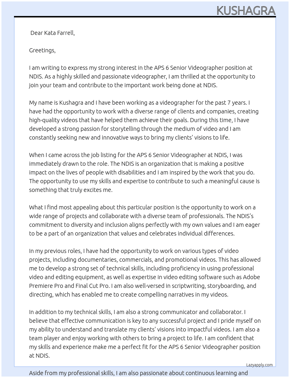 APS 6 Senior Videographer At NDIS Cover Letter