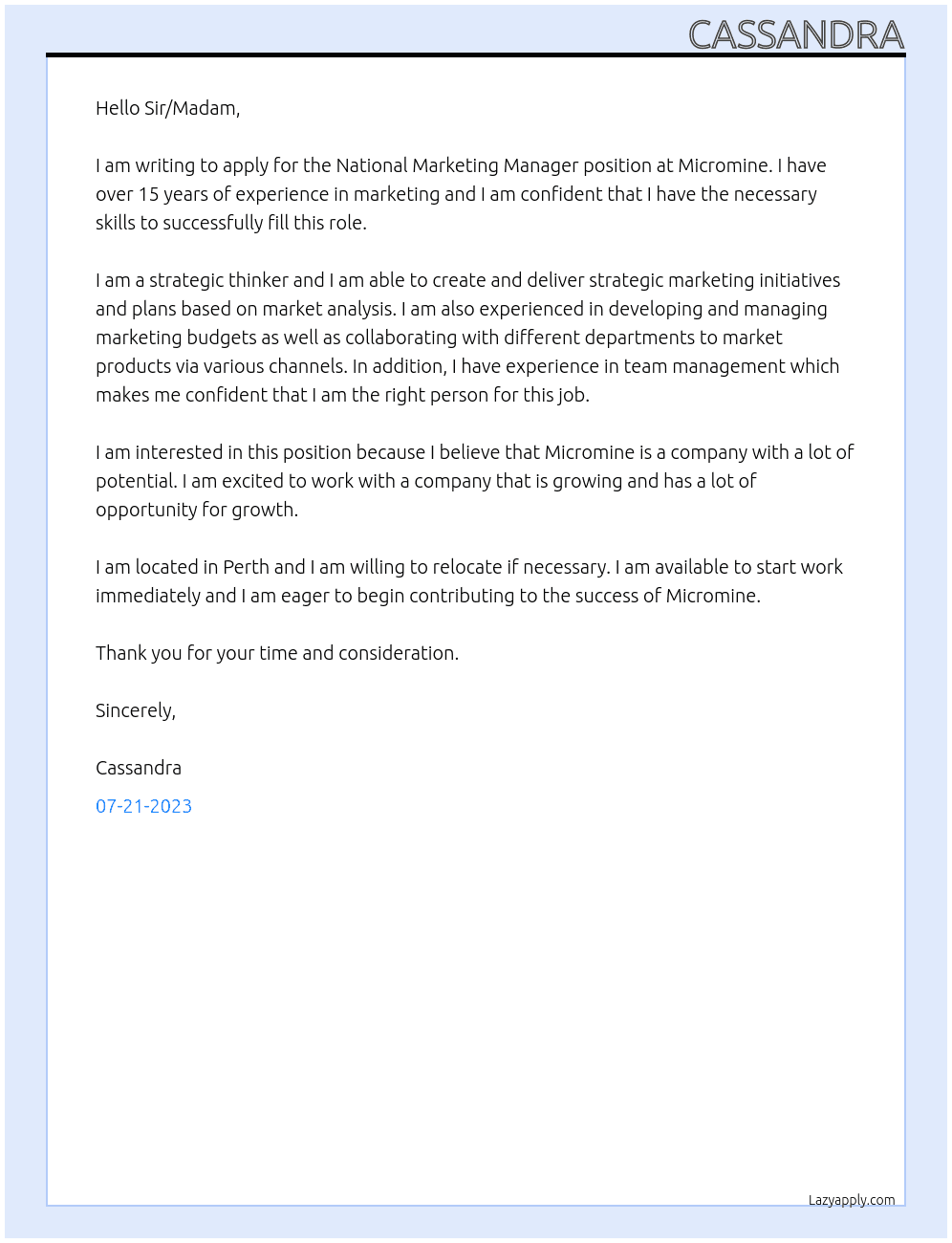 National Marketing Manager At Micromine Cover Letter