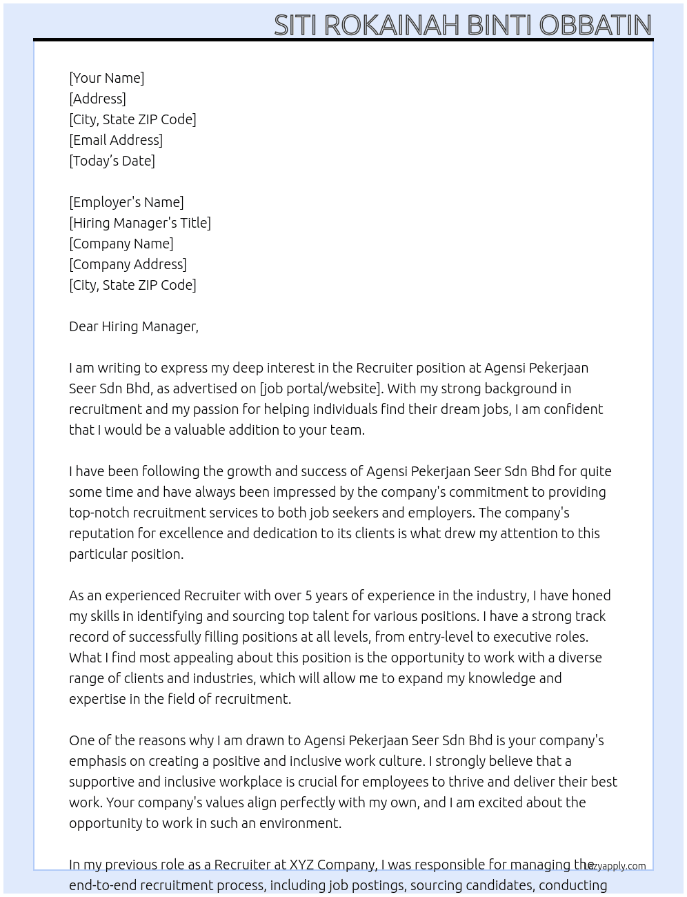 Recruiter At  Agensi Pekerjaan Seer Sdn Bhd Cover Letter