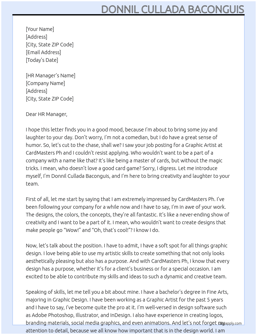 Graphic Artist At CardMasters Ph Cover Letter