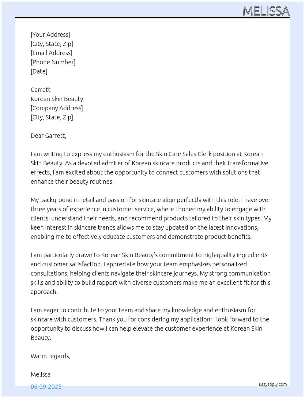 skin care sales clerk At korean skin  beauty Cover Letter