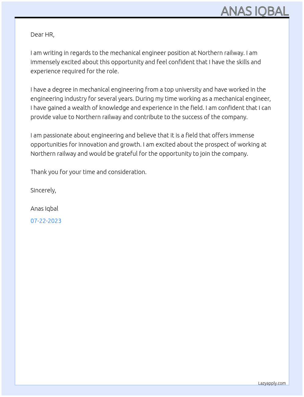 Mechanical Engineer  At Northern  railway Cover Letter