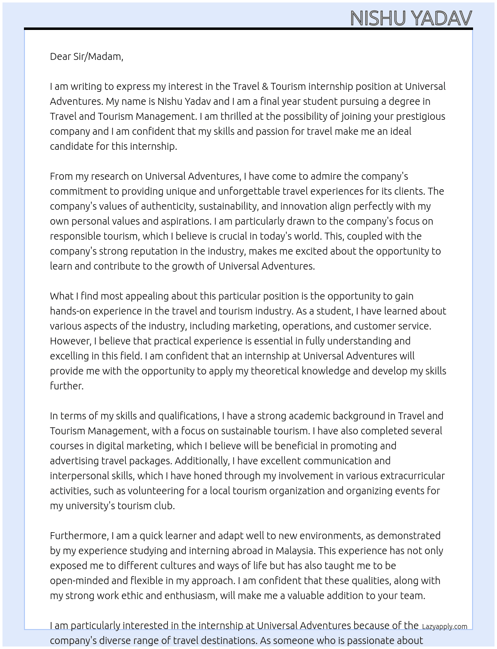 Travel & Tourism internship At Universal Adventures Cover Letter