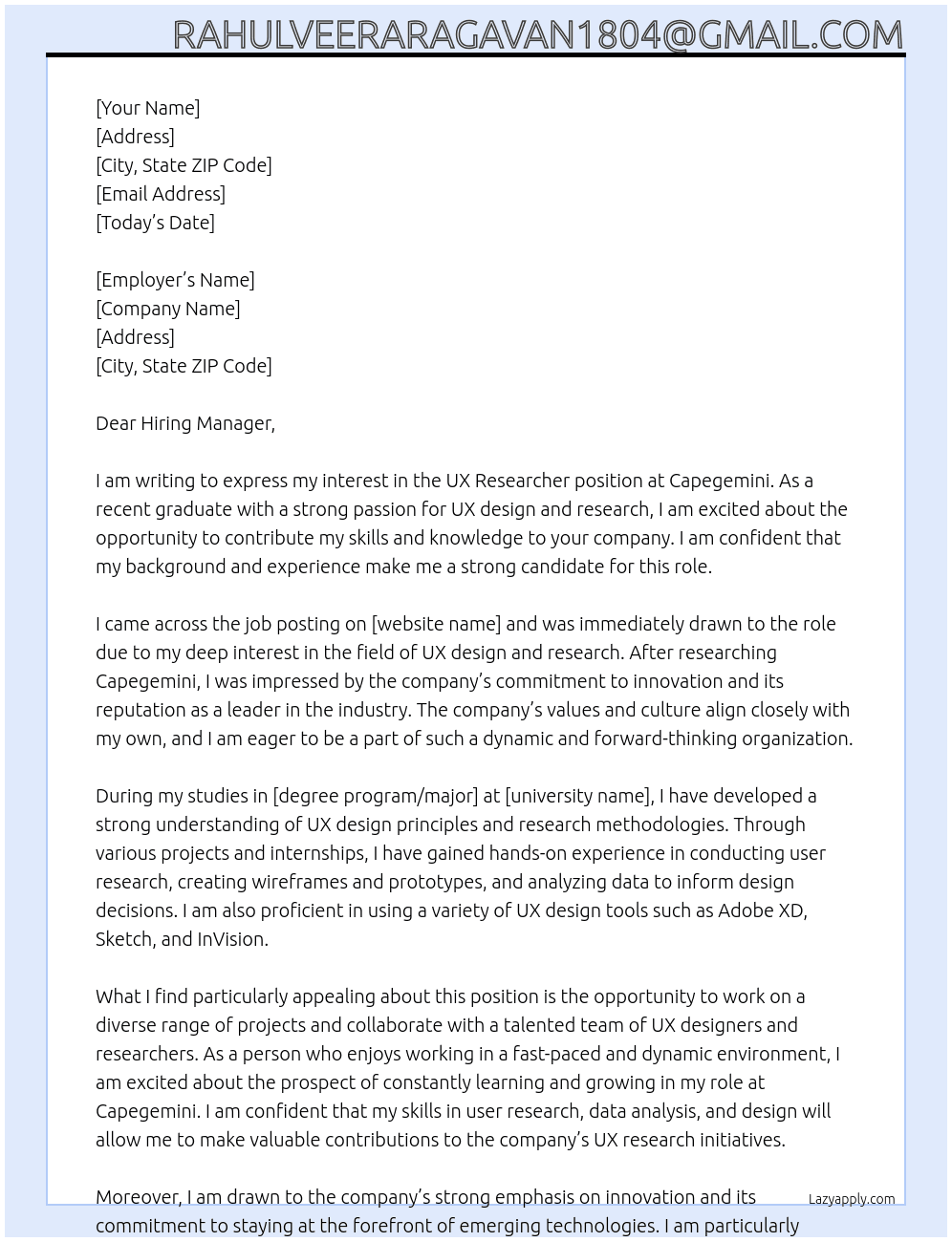 ux researcher At capegemini  Cover Letter