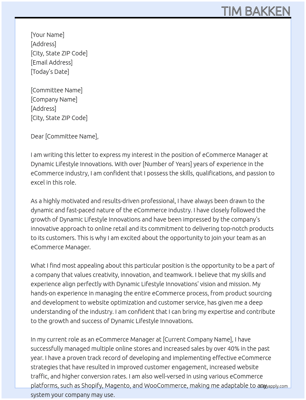 eCommerce manager At Dynamic Lifestyle innovations Cover Letter