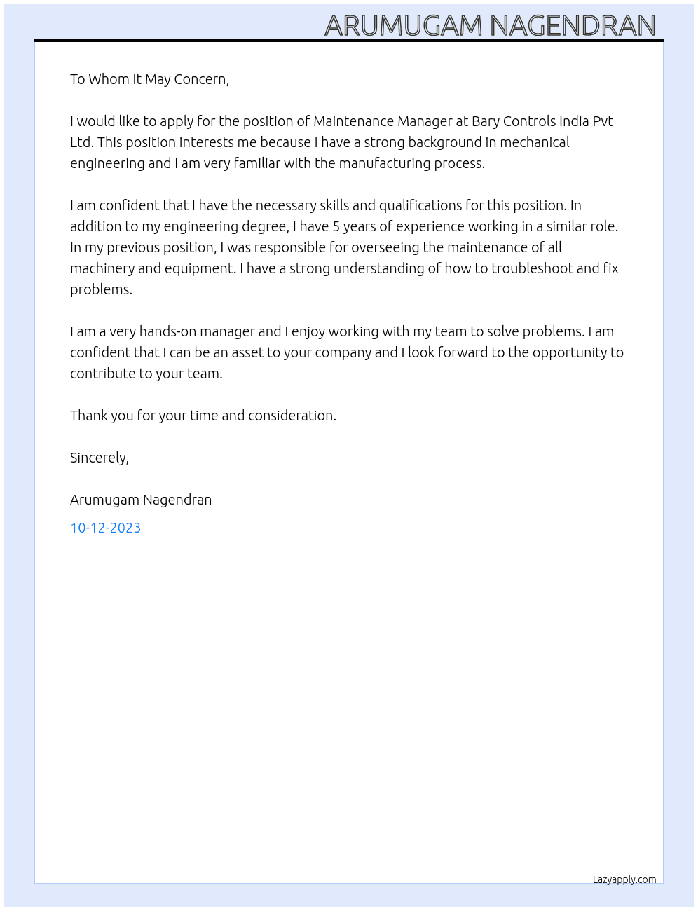 Manitenance manager At Bary Controls India Pvt Ltd Cover Letter