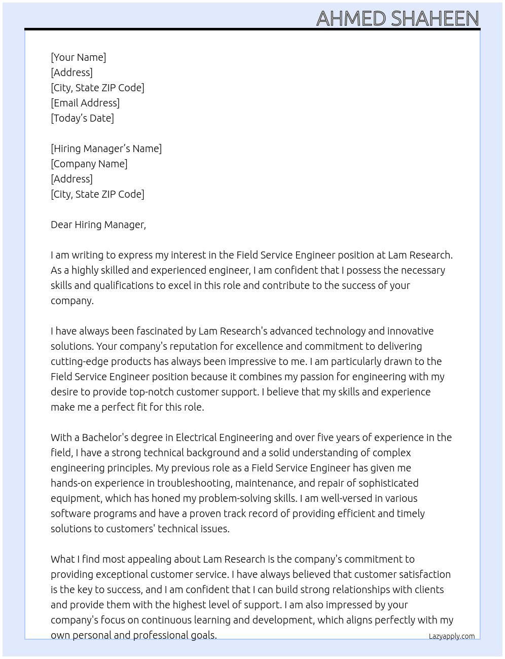 Field Service Engineer  At Lam Research Cover Letter