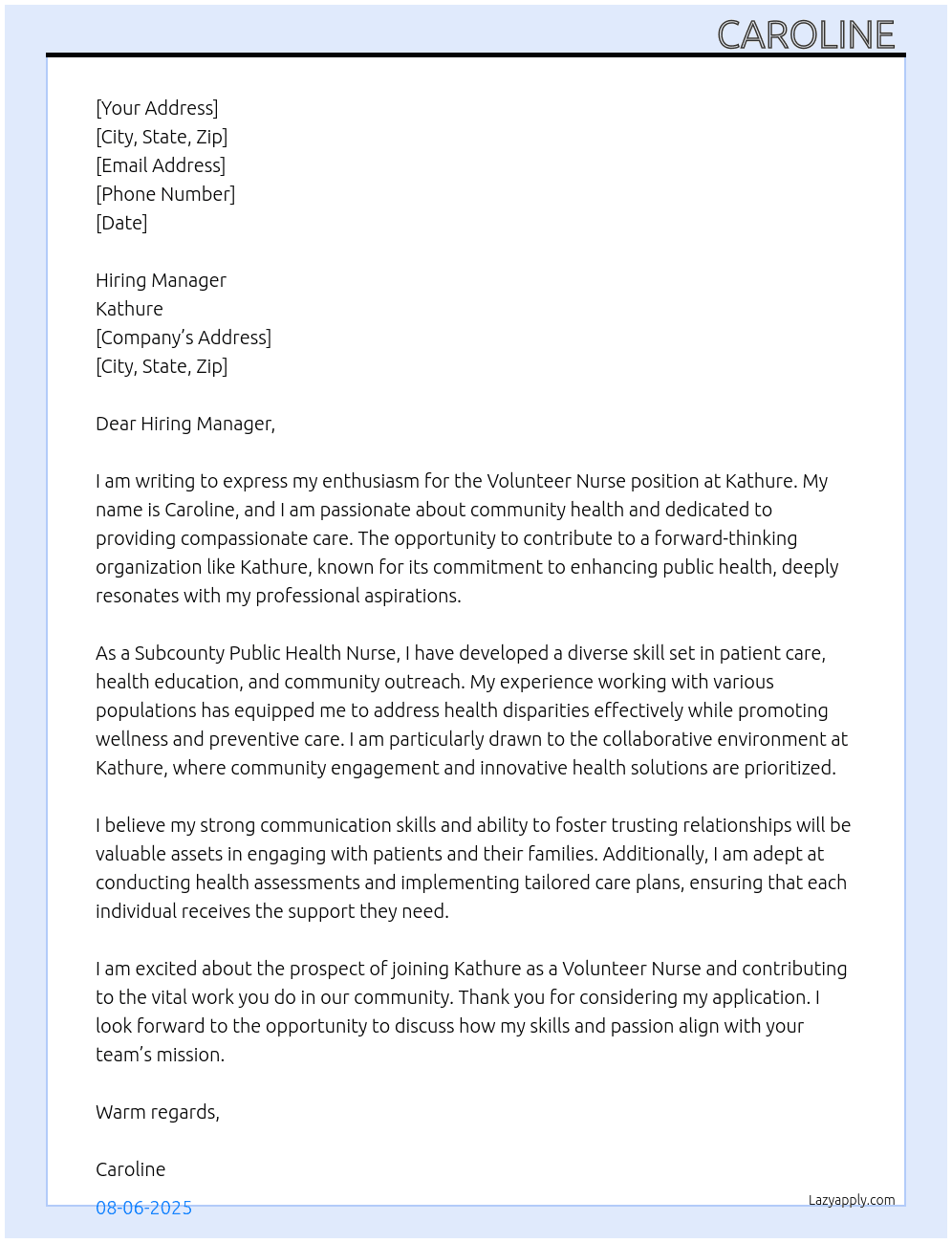 volunteer nurse At kathure Cover Letter
