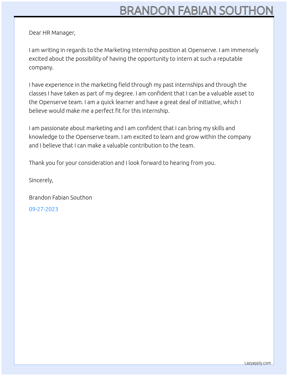 Marketing Internship  At Openserve  Cover Letter