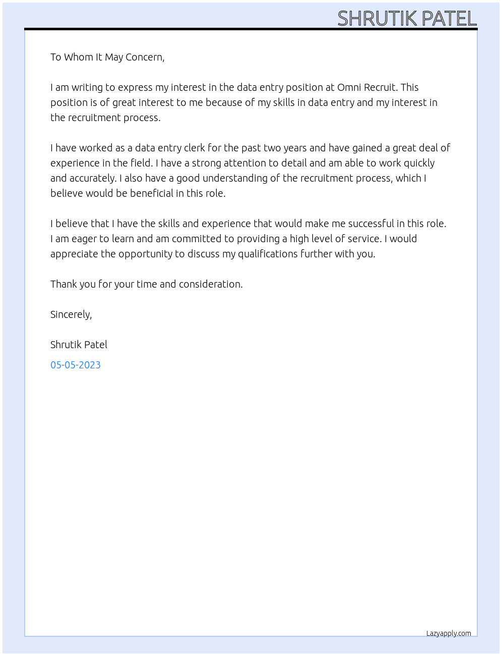 Data Entry At Omni Recruit Cover Letter