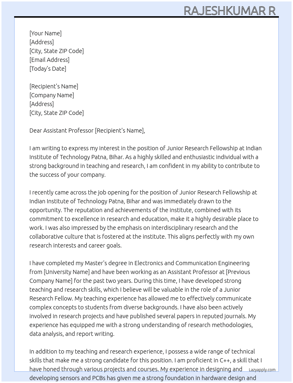 Junior Research fellowship  At Indian Institute of technology Patna Bihar  Cover Letter
