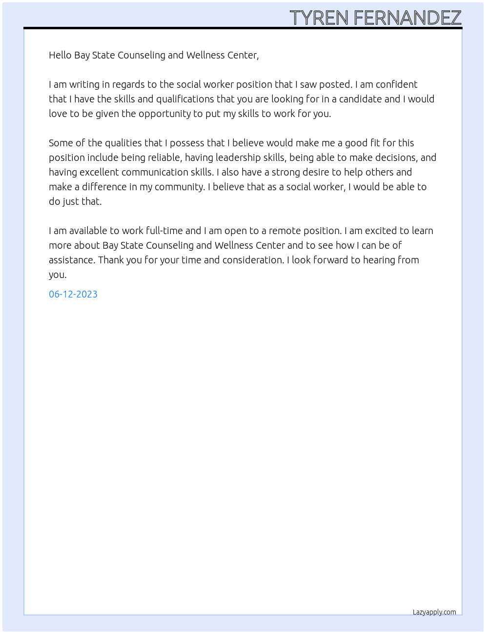 Social worker  At Bay state Counseling and wellness center  Cover Letter
