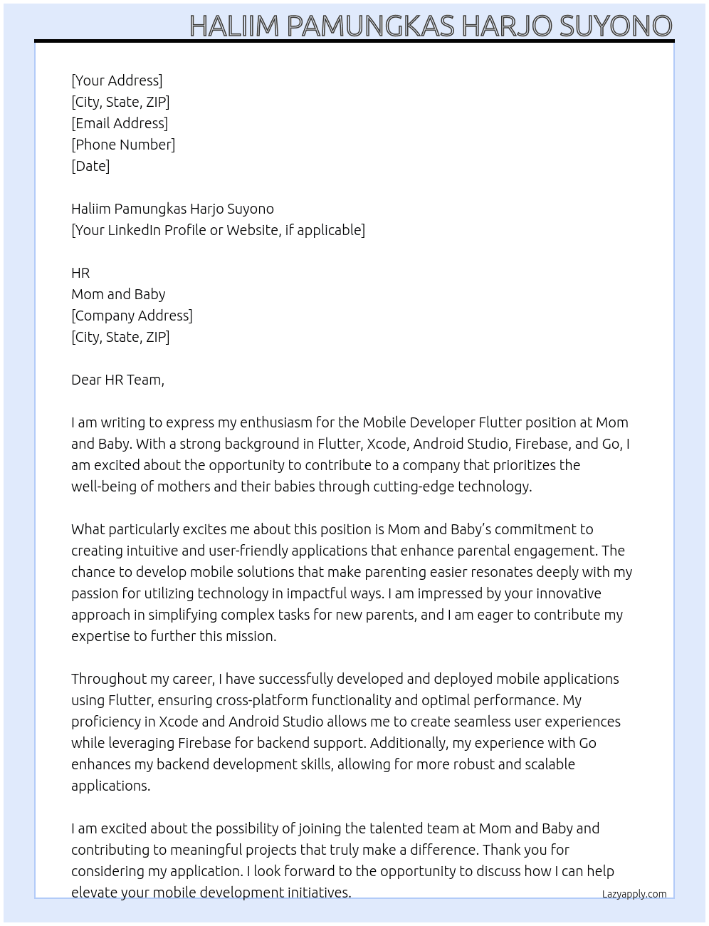 Cover letter for mobile developer flutter - LazyApply