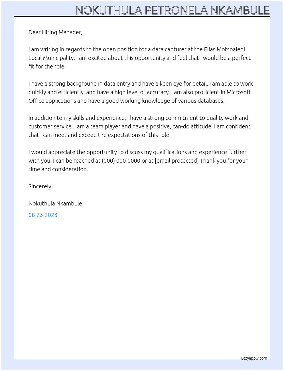data capturer At elias motsoaledi local municipality Cover Letter