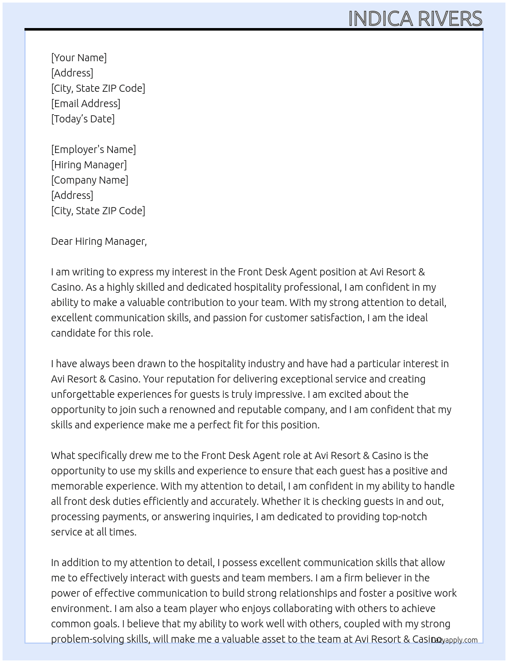 Front Desk Agent At Avi Resort & Casino Cover Letter