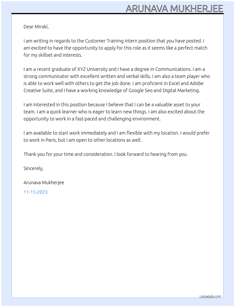 Customer Training Intern At Mirakl Cover Letter
