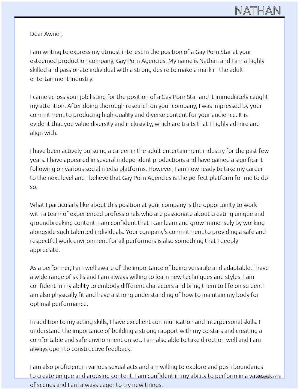 gay porn star  At gay porn agencies Cover Letter