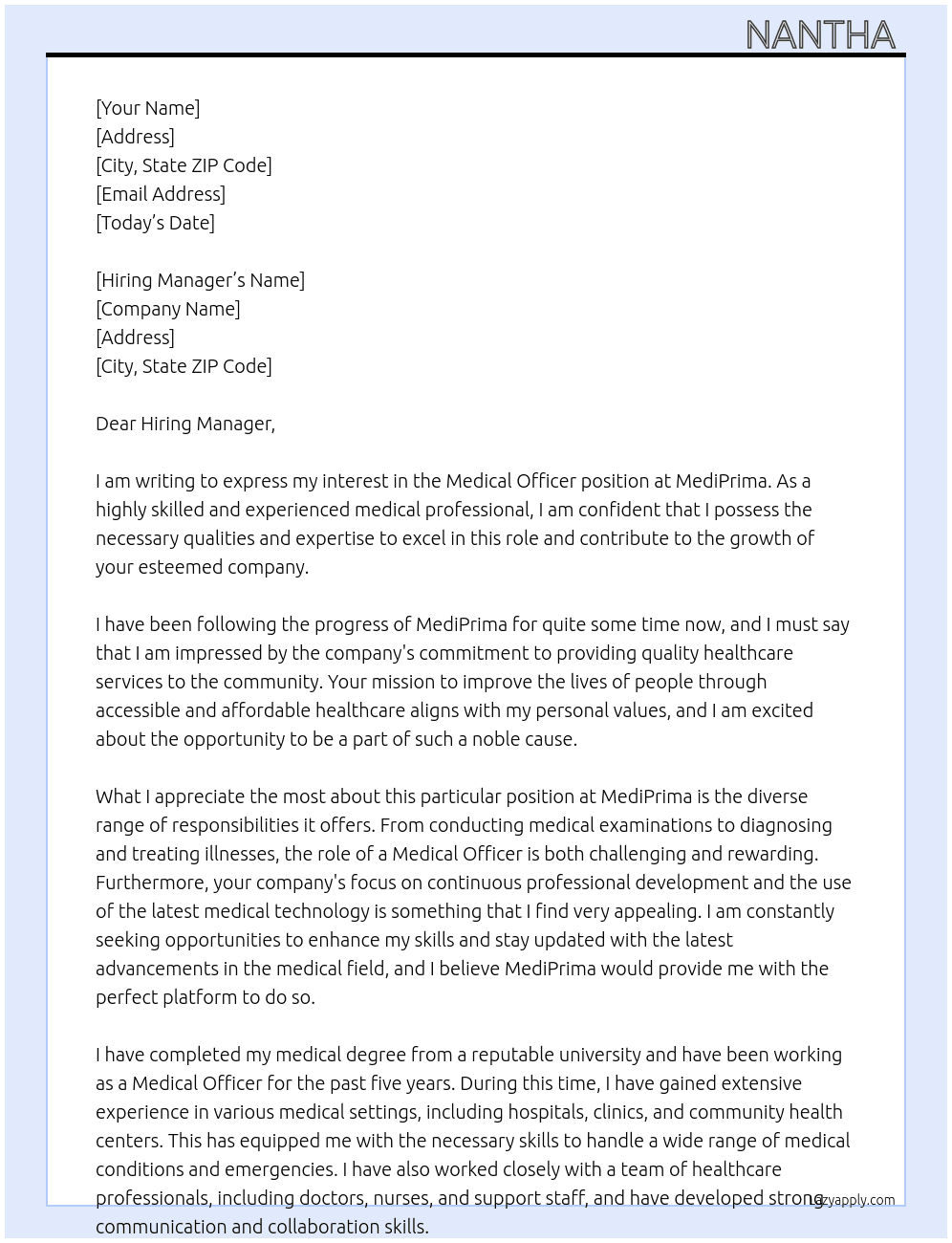 Medical Officer At MediPrima  Cover Letter