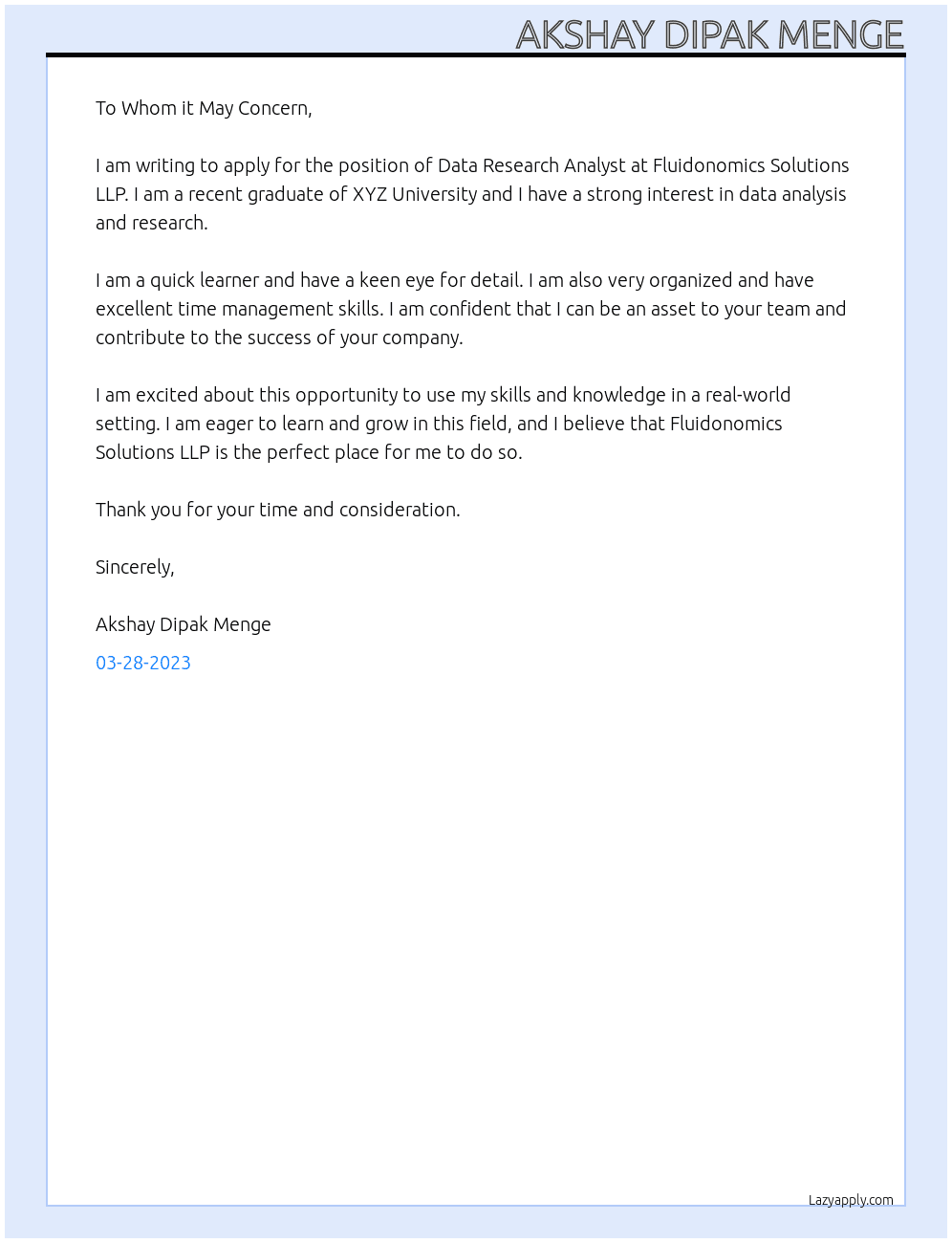 Data Research Analyst At Fluidonomics Solutions LLP Cover Letter