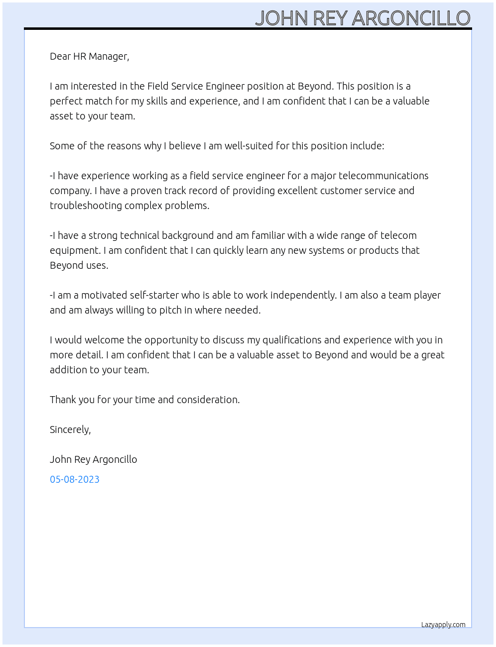 Field Service Engineer At beyond Cover Letter