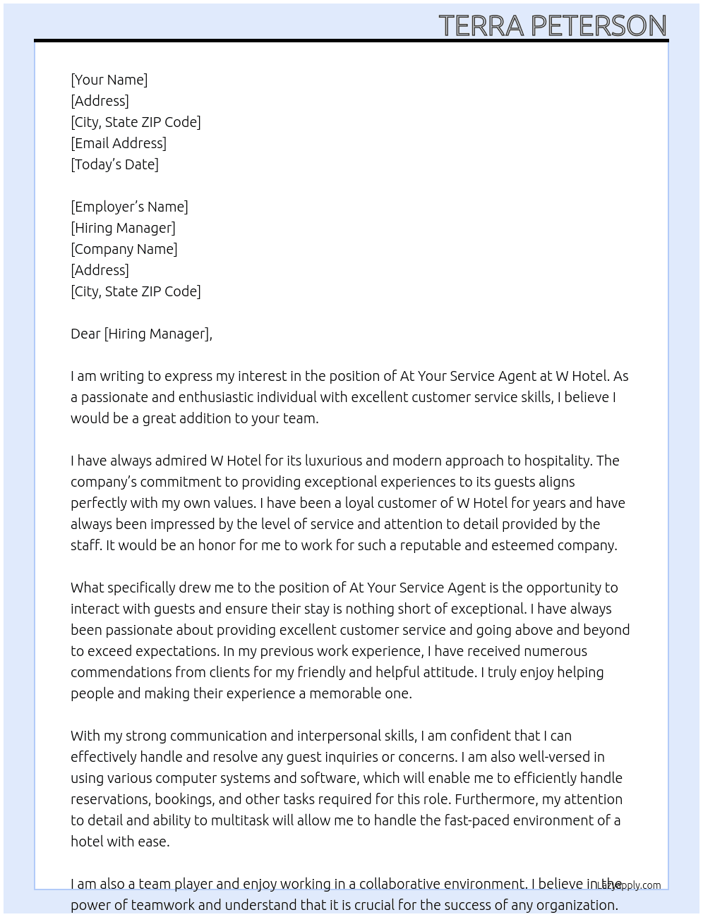at your service agent At w hotel Cover Letter