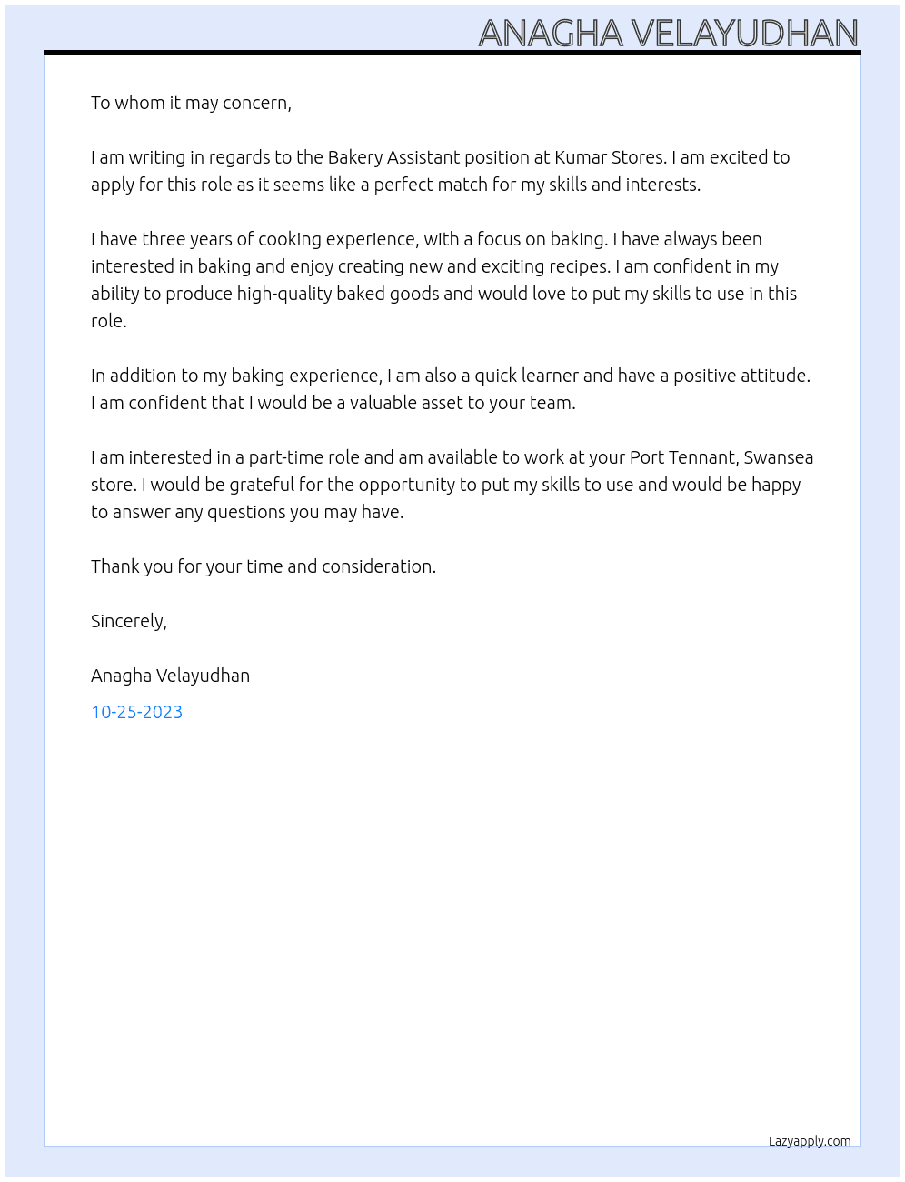 Bakery assistant  At Kumar Stores Cover Letter