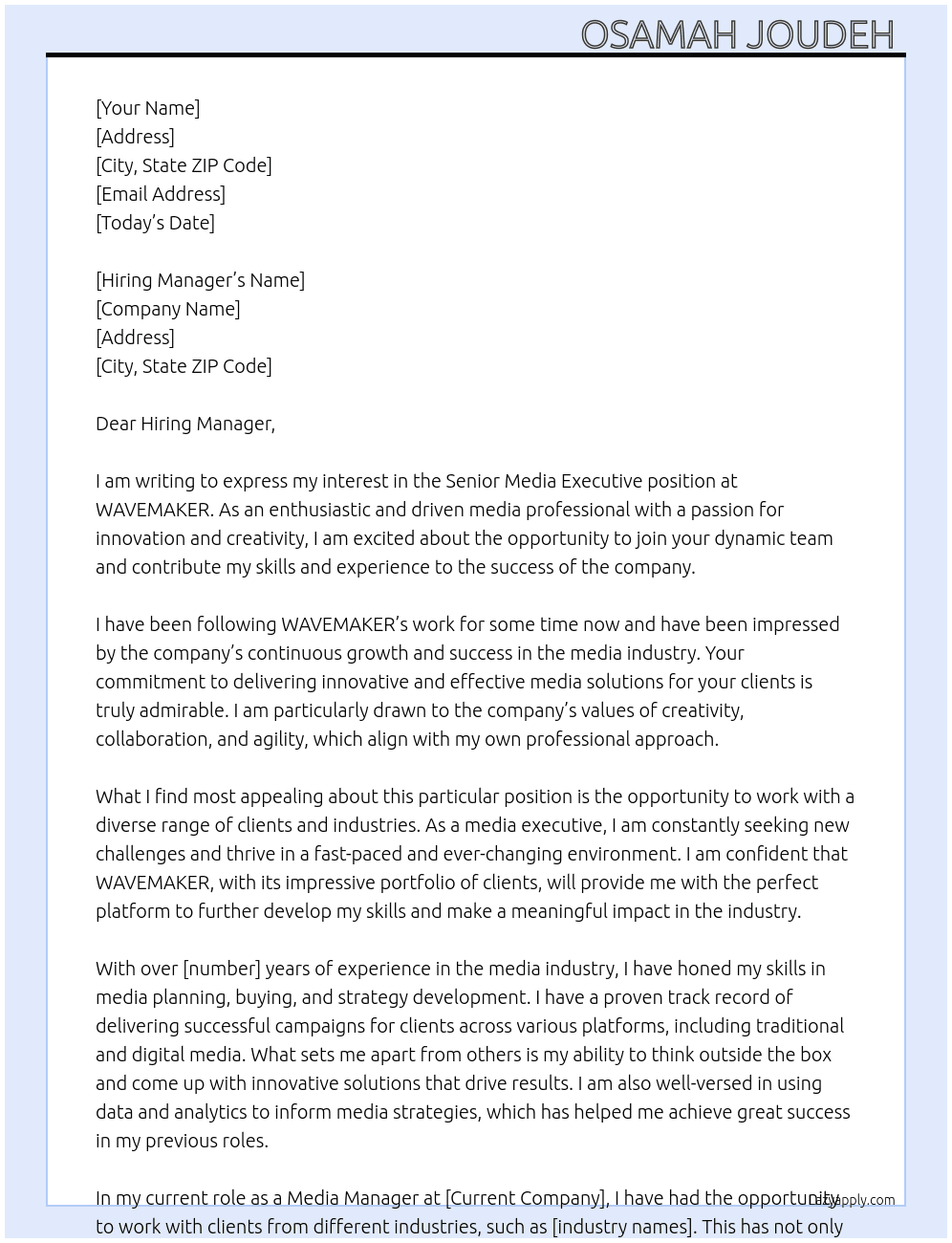 Senior Media executive  At WAVEMAKER Cover Letter