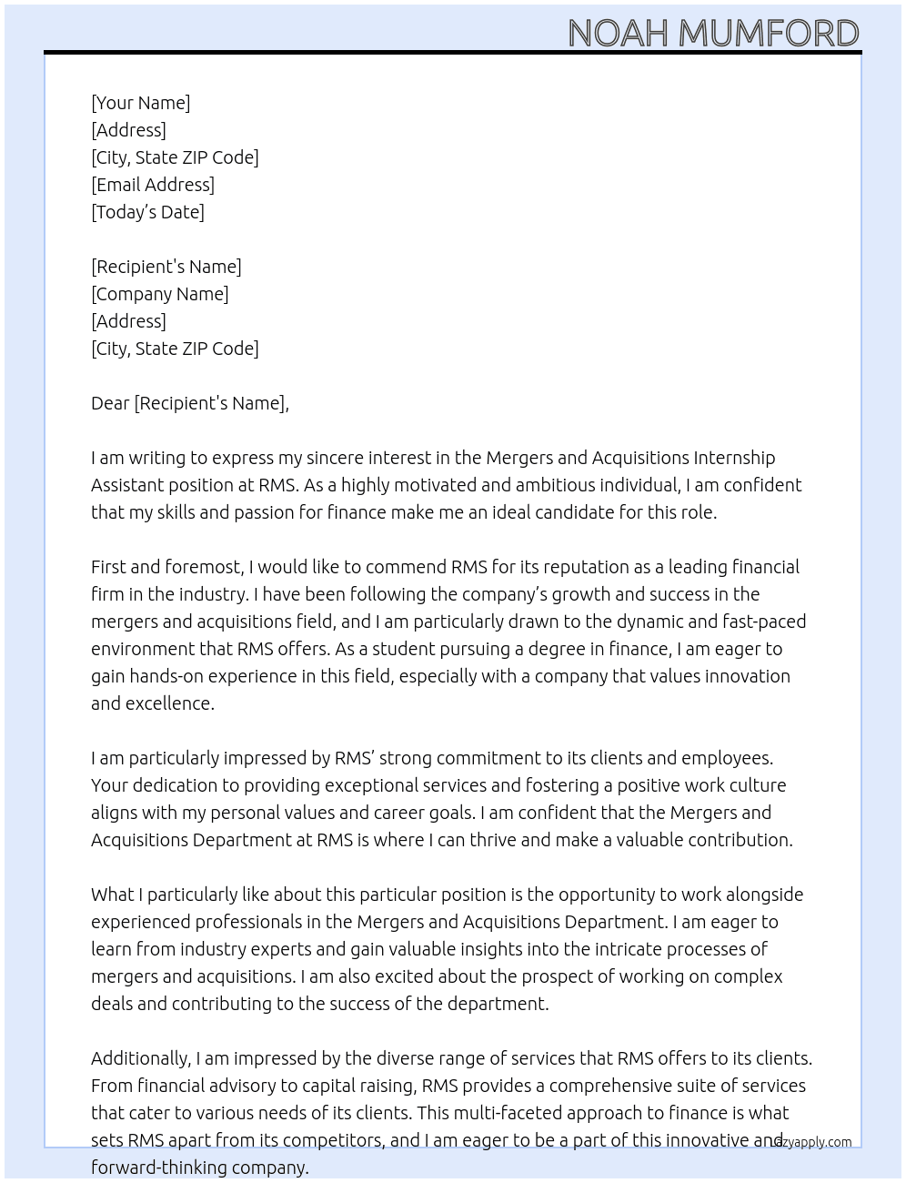 Mergers and Acquisitions  Internship Assistant At RMS Cover Letter