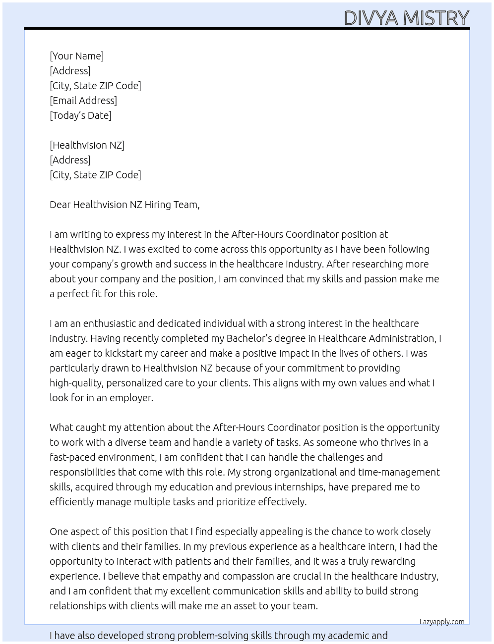 After-Hours Coordinator At Healthvision NZ Cover Letter