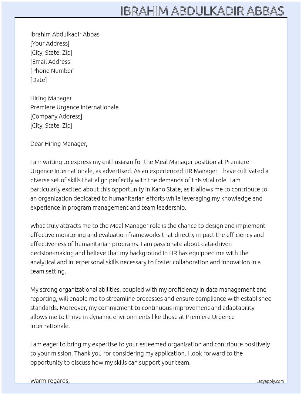 Meal Manager  At Premiere Urgence Internationale  Cover Letter