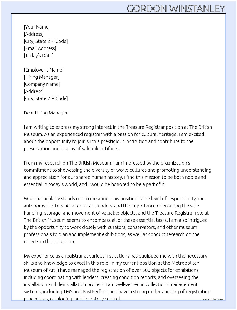 Treasure Registrar At The British Museum Cover Letter