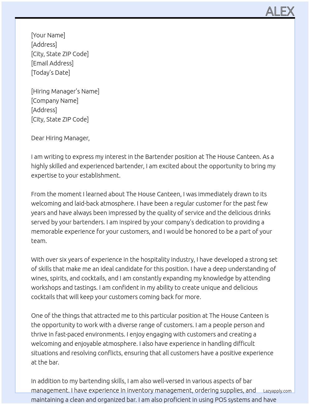Bartender At The House Canteen Cover Letter