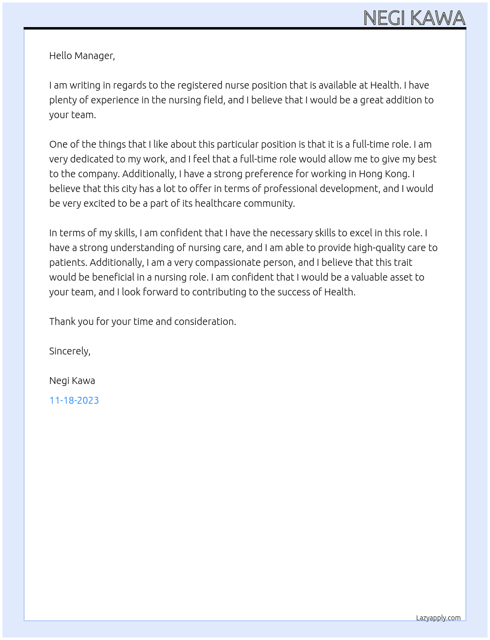 registered nurse At Health Cover Letter