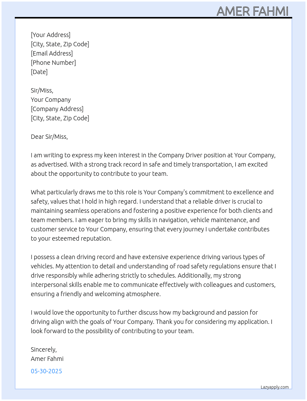 company driver At your company Cover Letter