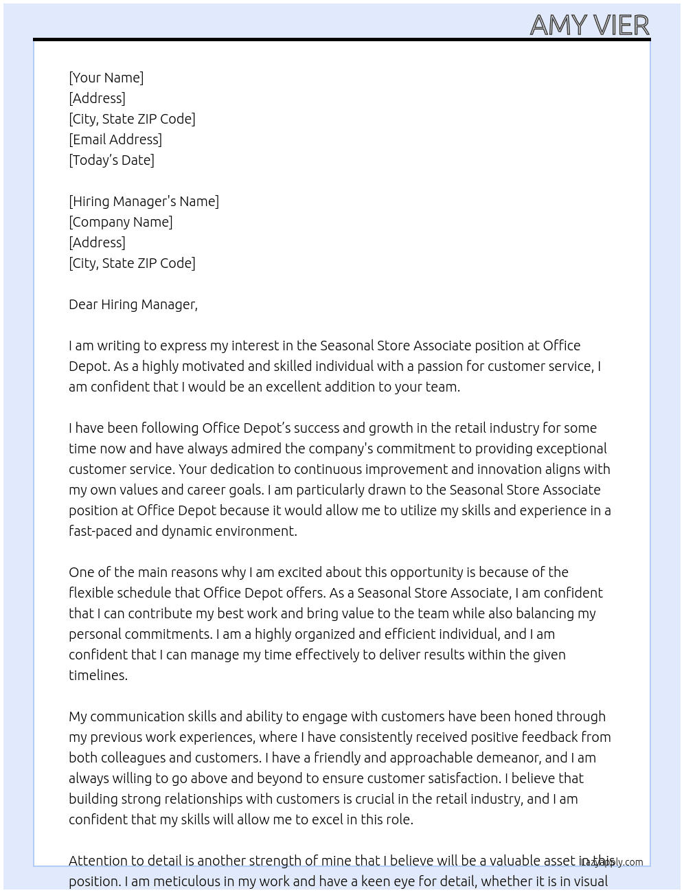 Seasonal Store Associate At Office Depot Cover Letter