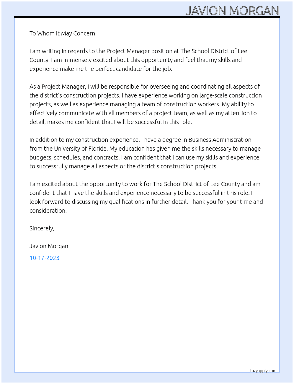 Project Manager At The School District of Lee County Cover Letter